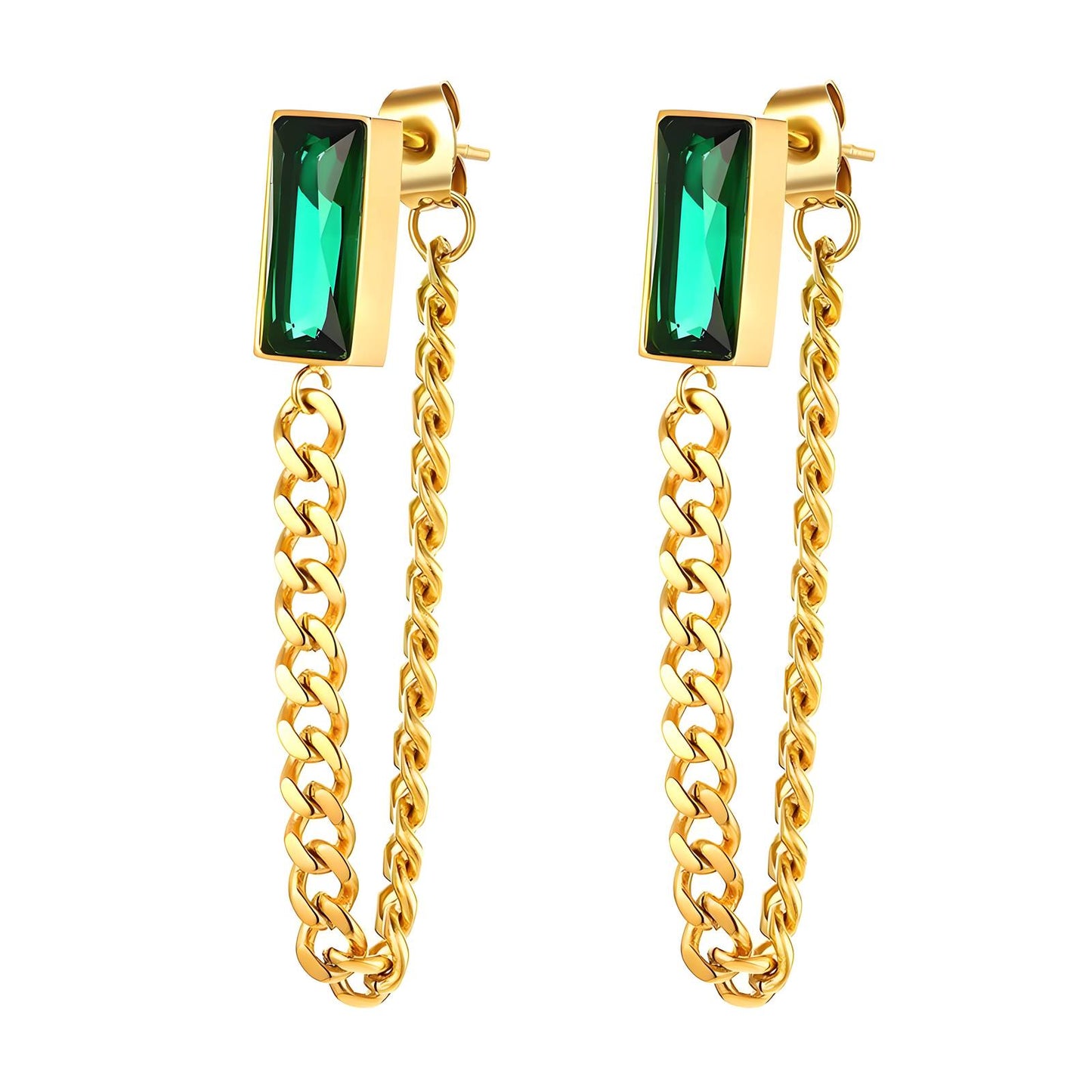 Chain Earrings with Emerald Green Cubic Zirconia.