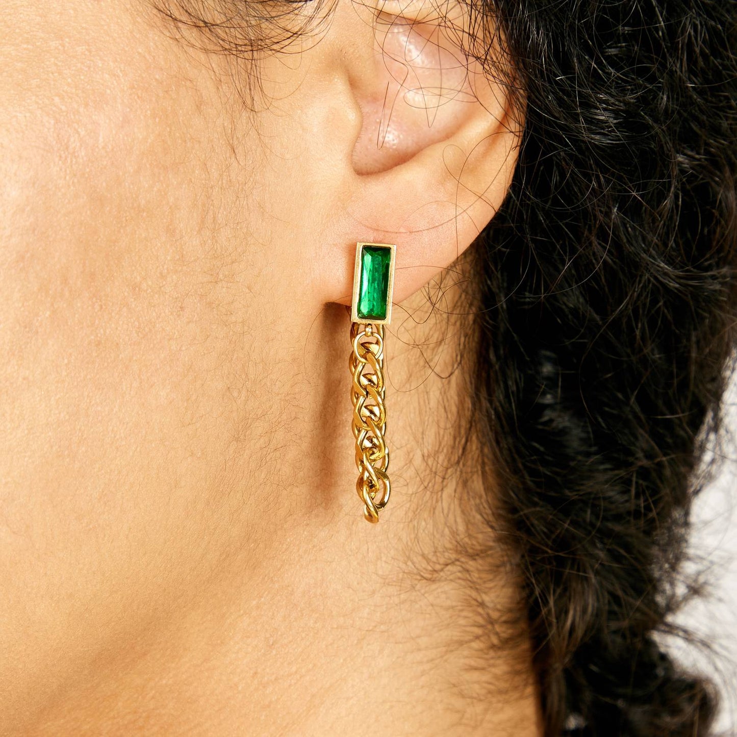 Chain Earrings with Emerald Green Cubic Zirconia.