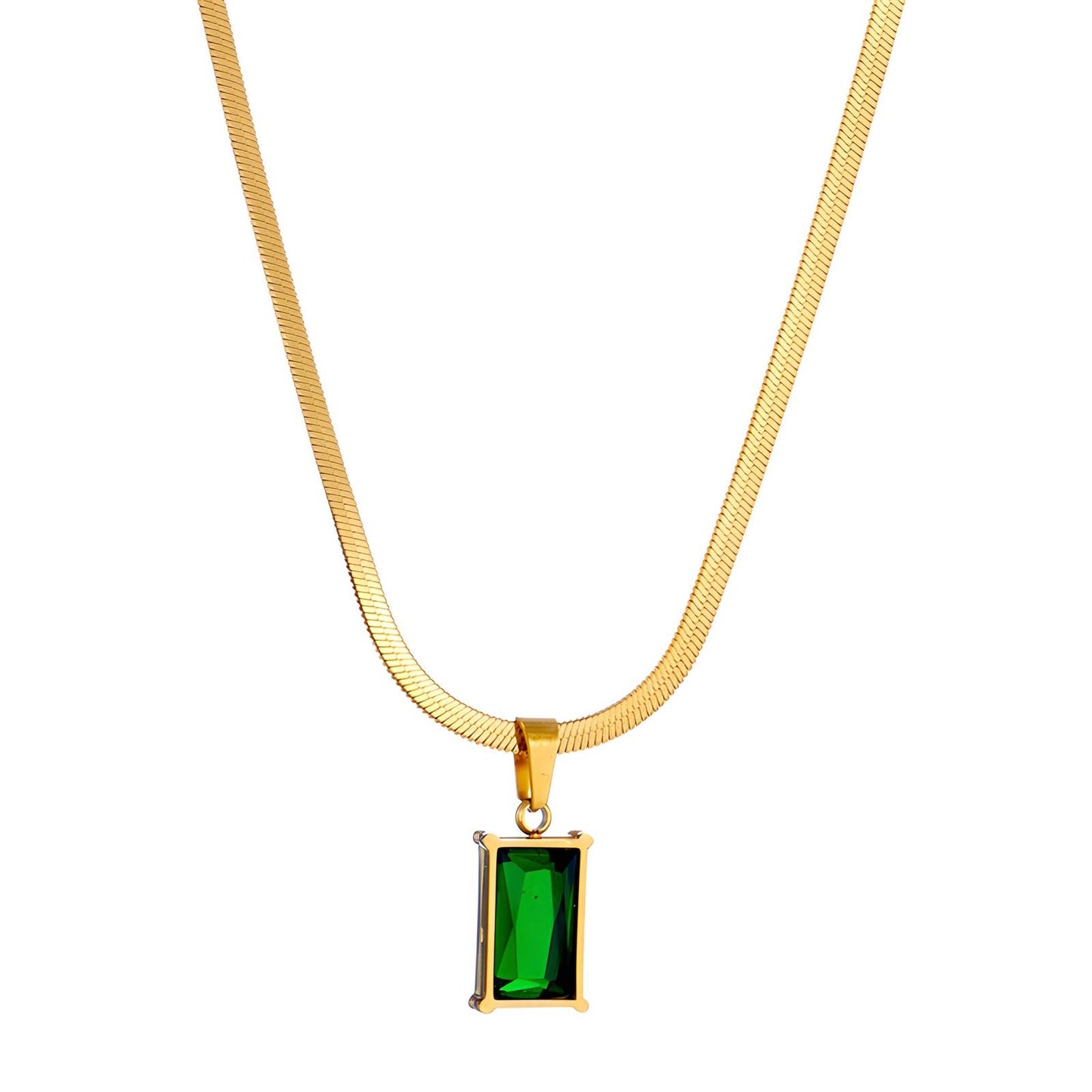 Herringbone chain Necklace with emerald green Pendant