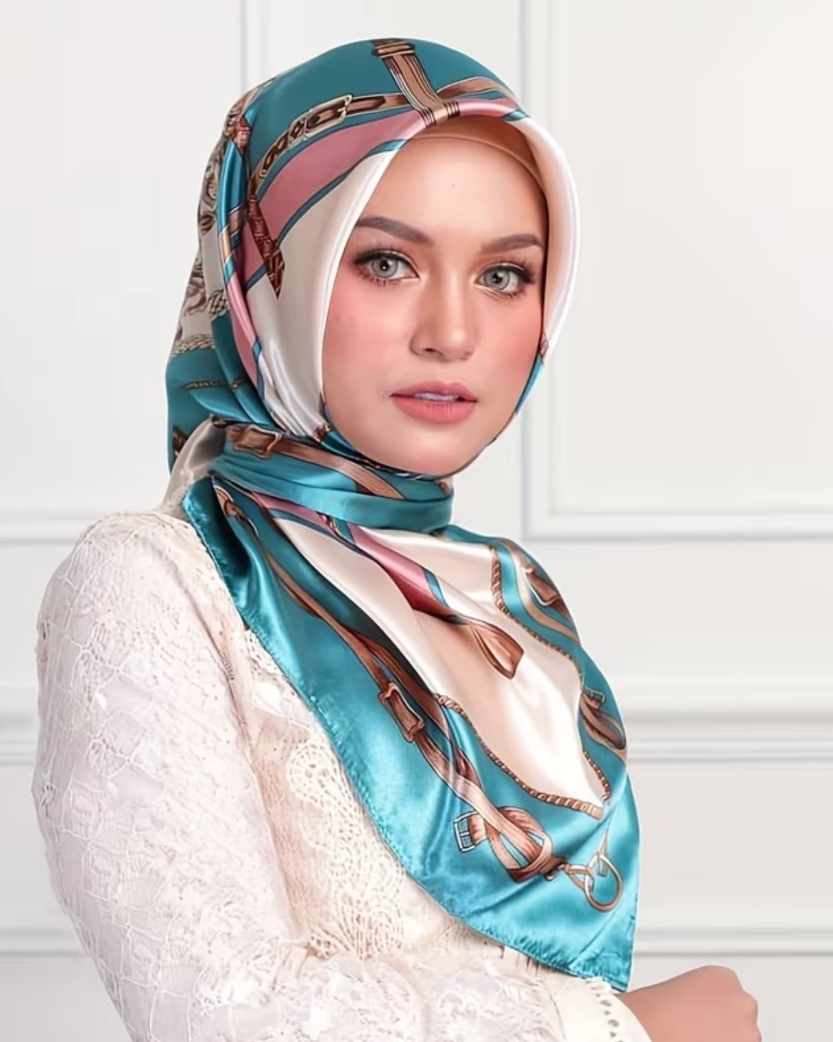 Teal & Blush Equestrian Belt Print Satin Scarf 🤍