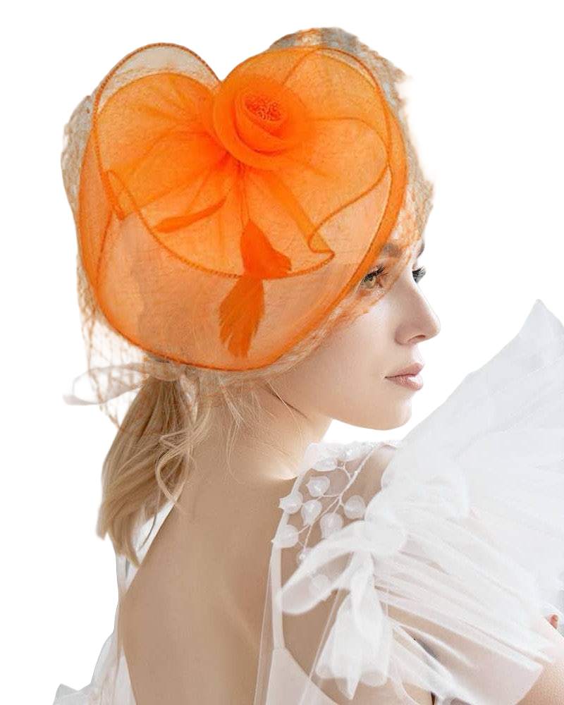 Orange Flower Feather Mesh Fascinator