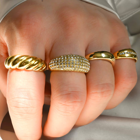 Tessa 18k Gold Dome Rings - Stainless Steel Chunky Rings: 8 / B.  Pavé Diamond
