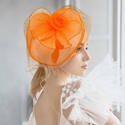 Flower Feather Mesh Fascinator / Headband: Orange