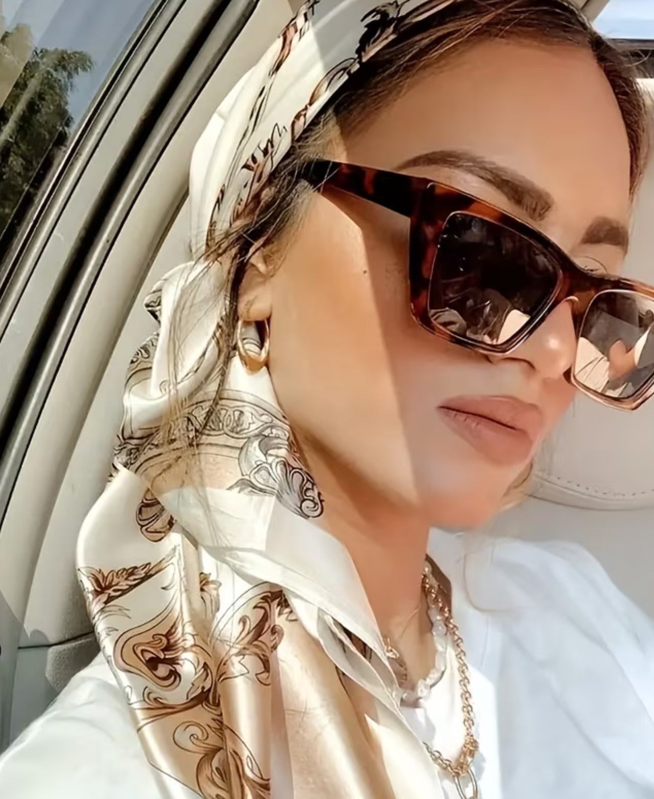Ivory Taupe Baroque Print Satin Head Scarf 🤍