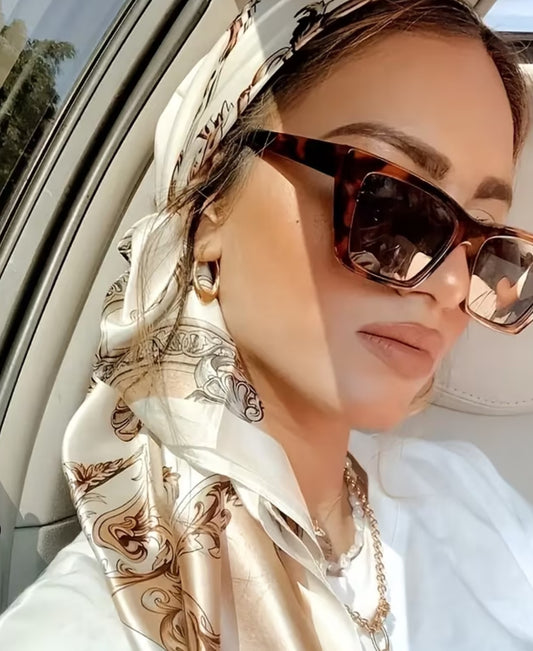 Ivory Taupe Baroque Print Satin Head Scarf 🤍