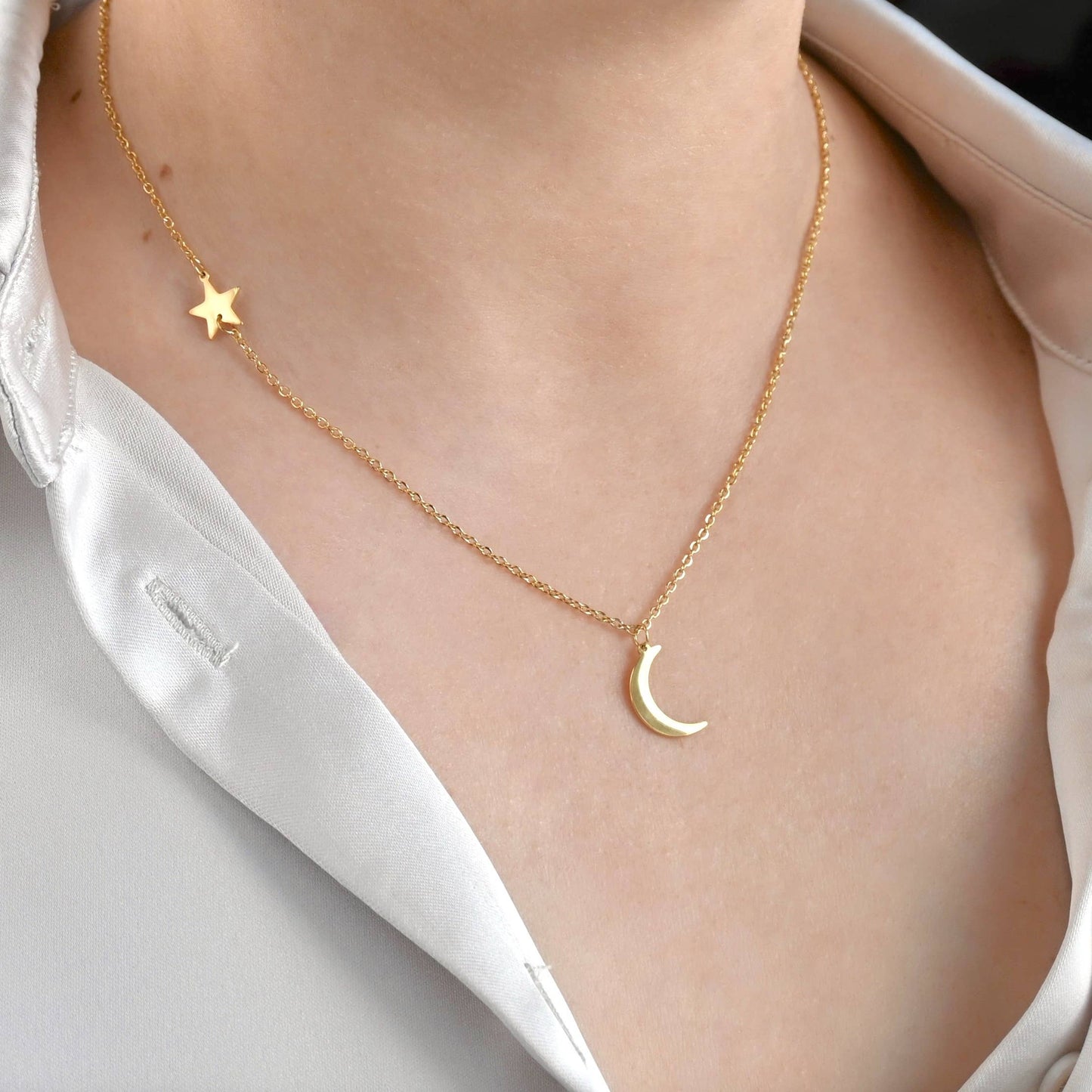 Eleanor Moon and Star Necklace- Waterproof Crescent Necklace : Silver