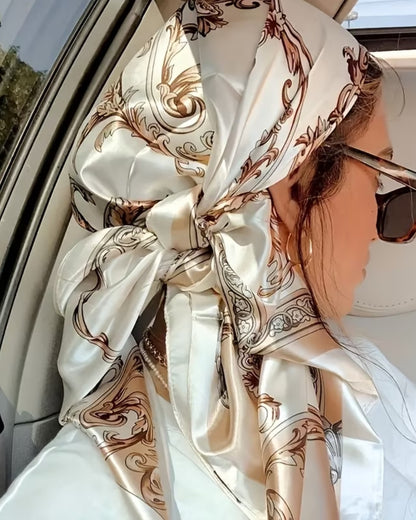 Ivory Taupe Baroque Print Satin Head Scarf 🤍