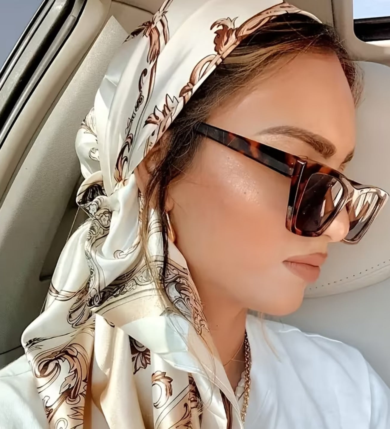 Ivory Taupe Baroque Print Satin Head Scarf 🤍