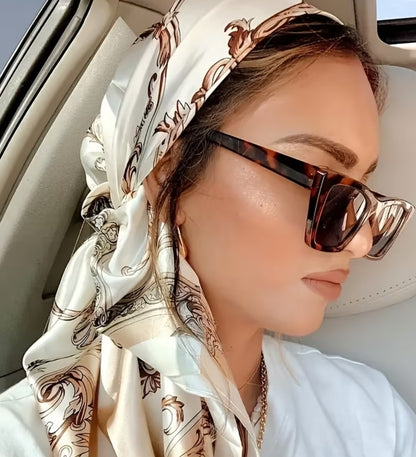 Ivory Taupe Baroque Print Satin Head Scarf 🤍