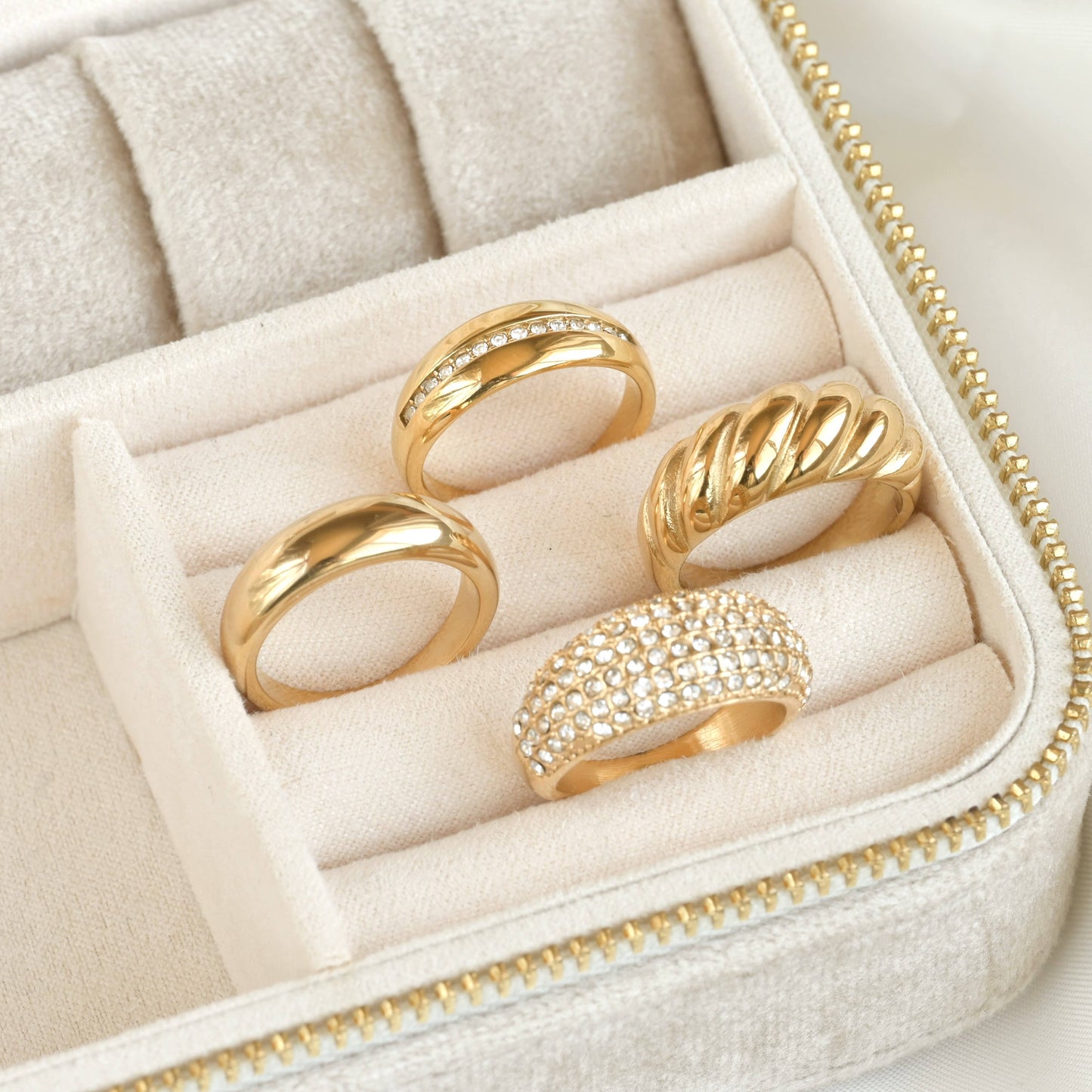 Tessa 18k Gold Dome Rings - Stainless Steel Chunky Rings: 8 / B.  Pavé Diamond