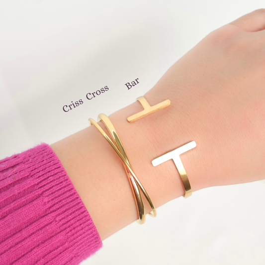 Maria 18k Gold Cuff Bracelets - X Cuff Bracelet - Bar Open Bangle: Criss Cross