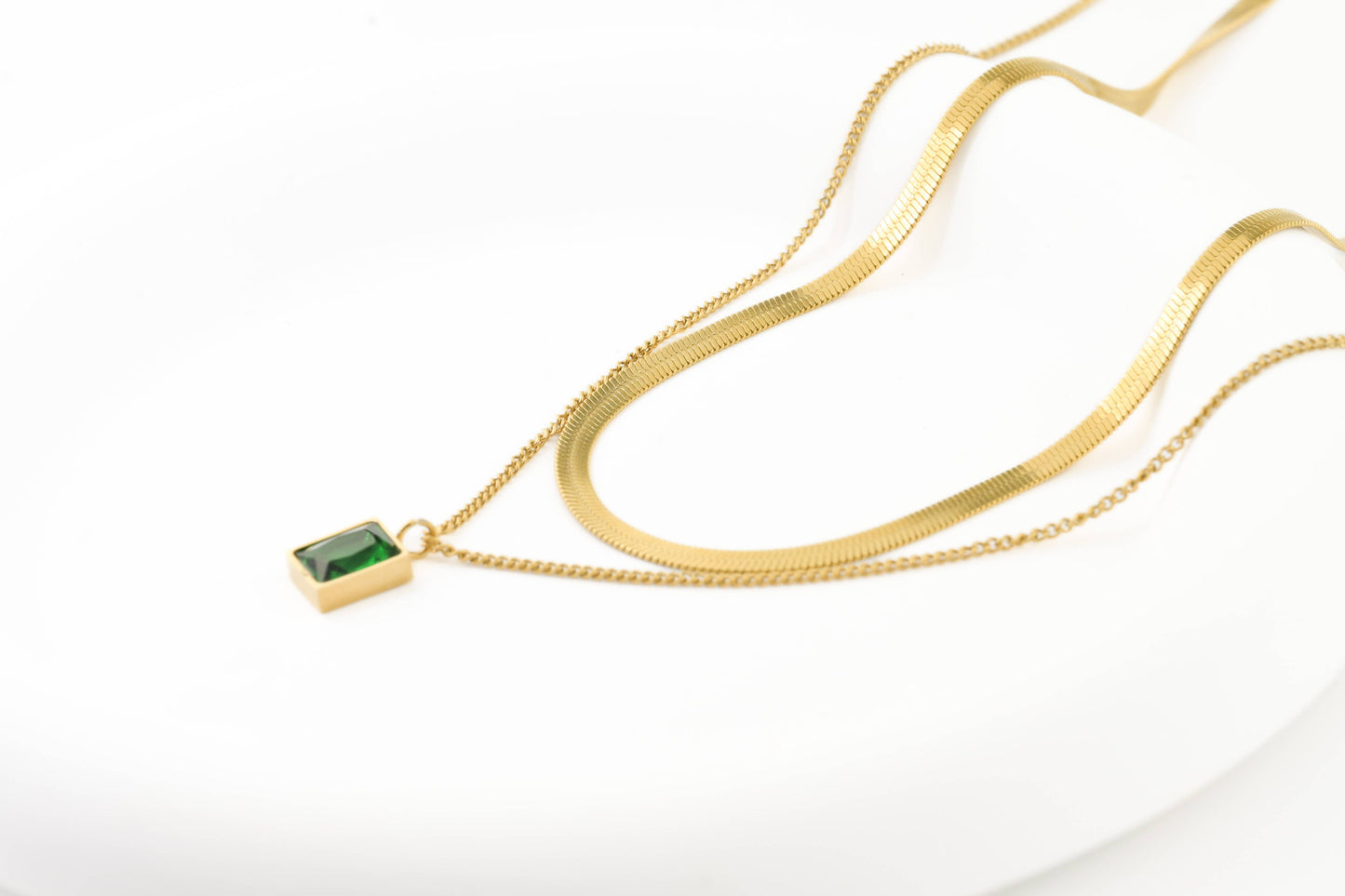 Layered Herringbone Necklace - Cushion Cut Emerald Necklace