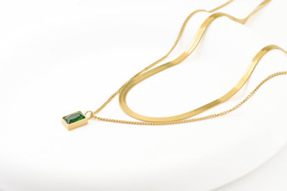 Layered Herringbone Necklace - Cushion Cut Emerald Necklace