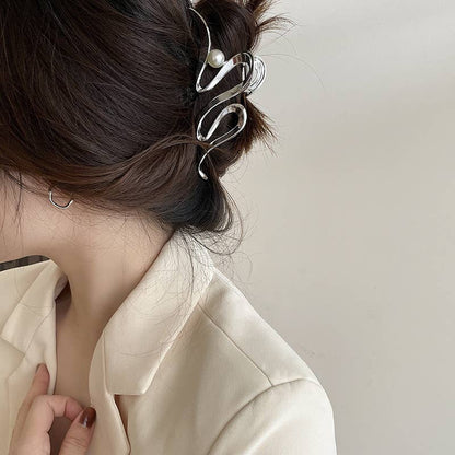 Large Hair Clip, Pearl, Hair Accessories, Metal, Thick Hair: Gold