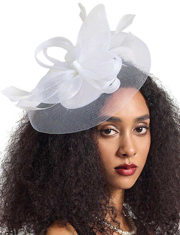 White Mesh Feather Halo Fascinator