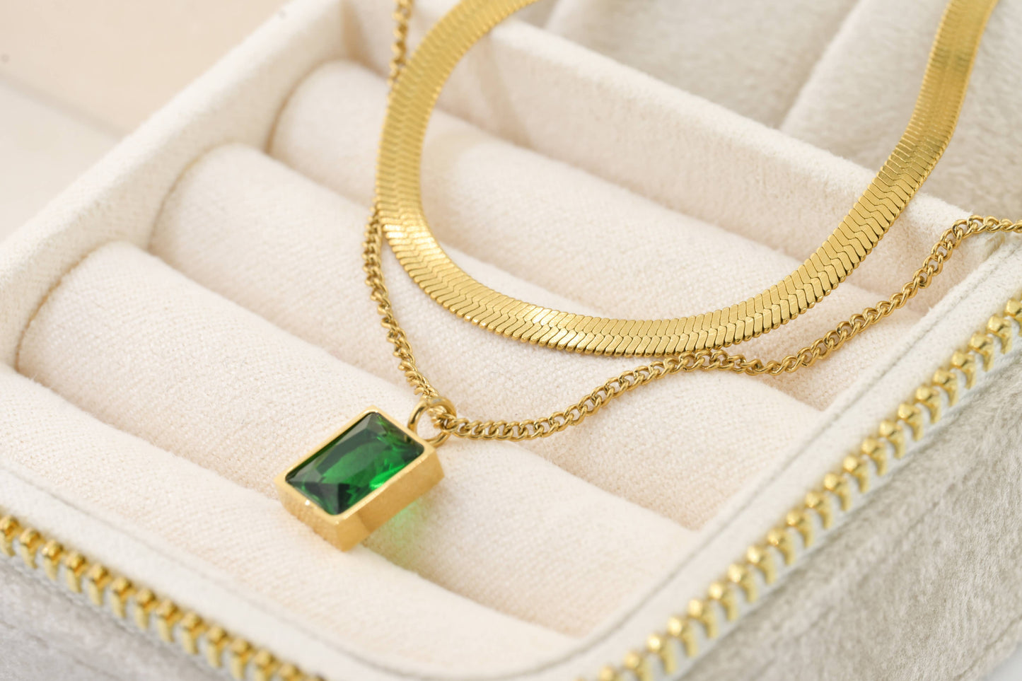 Layered Herringbone Necklace - Cushion Cut Emerald Necklace