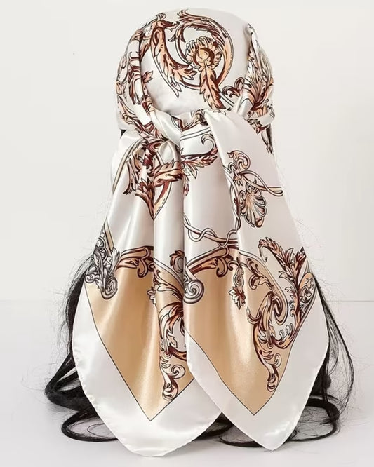 Ivory Taupe Baroque Print Satin Head Scarf 🤍