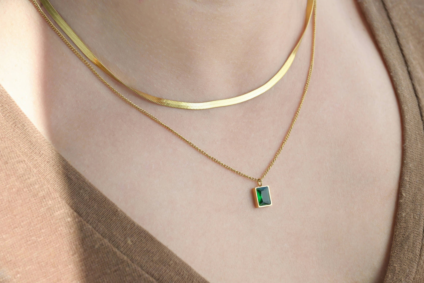 Layered Herringbone Necklace - Cushion Cut Emerald Necklace