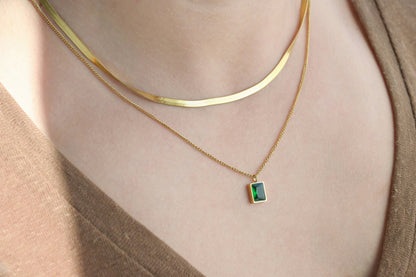 Layered Herringbone Necklace - Cushion Cut Emerald Necklace