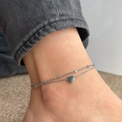 Lara Layered Heart Anklet - Double Chain Heart Charm Anklet: Yellow Gold / Stainless Steel (Waterproof)