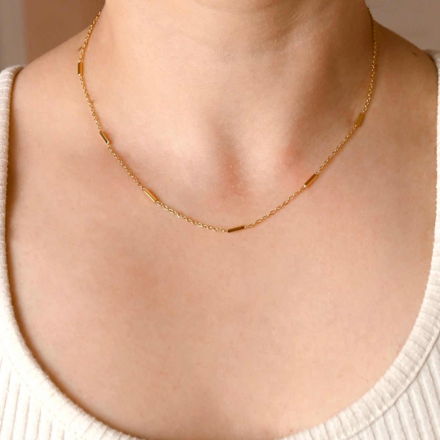 Coline Tube Beaded Chain Necklace - Dainty Gold Satellite Chain