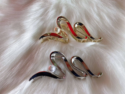 Large Hair Clip, Pearl, Hair Accessories, Metal, Thick Hair: Gold