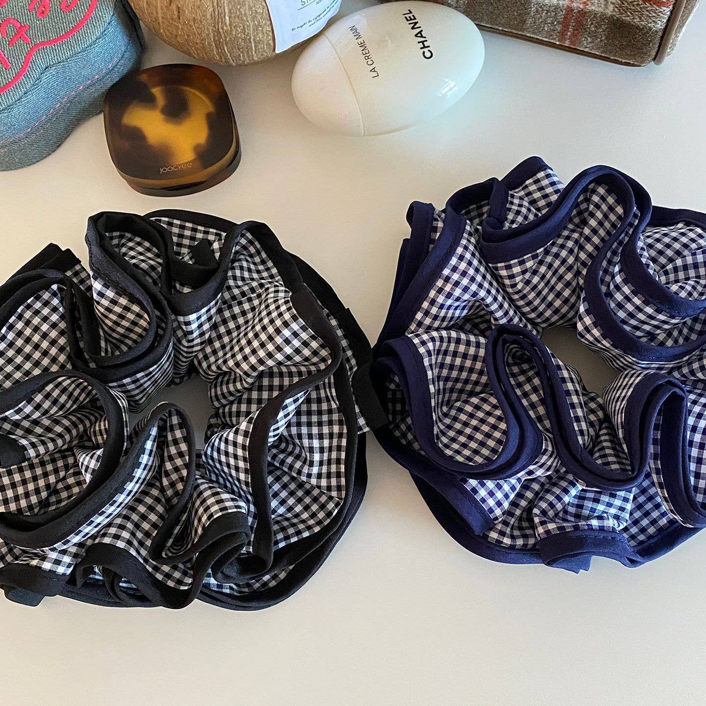 Oversized Double-Layer Gingham Scrunchie – Ponytail Accessor: Blue