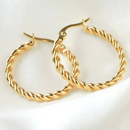 Lea Twisted Hoops - Tarnish-free 20 MM Thin Rope Hoop Earrings: Gold
