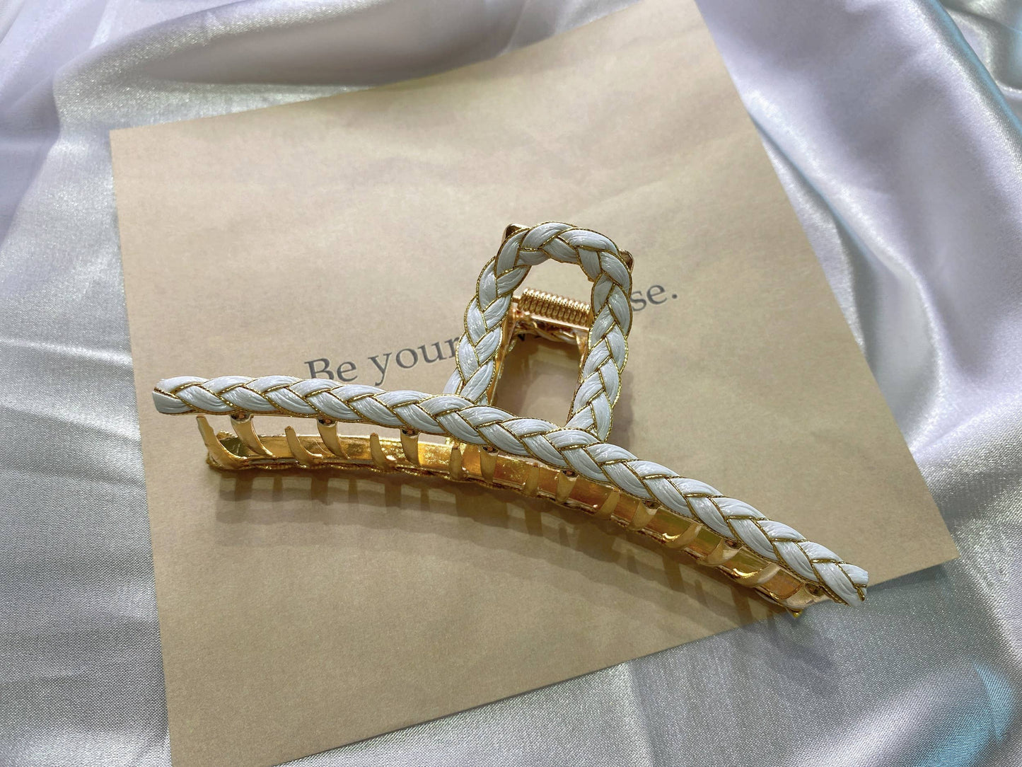 Heritage Lux White hair clips, Gold metal Large Twist Hair claw, barrette