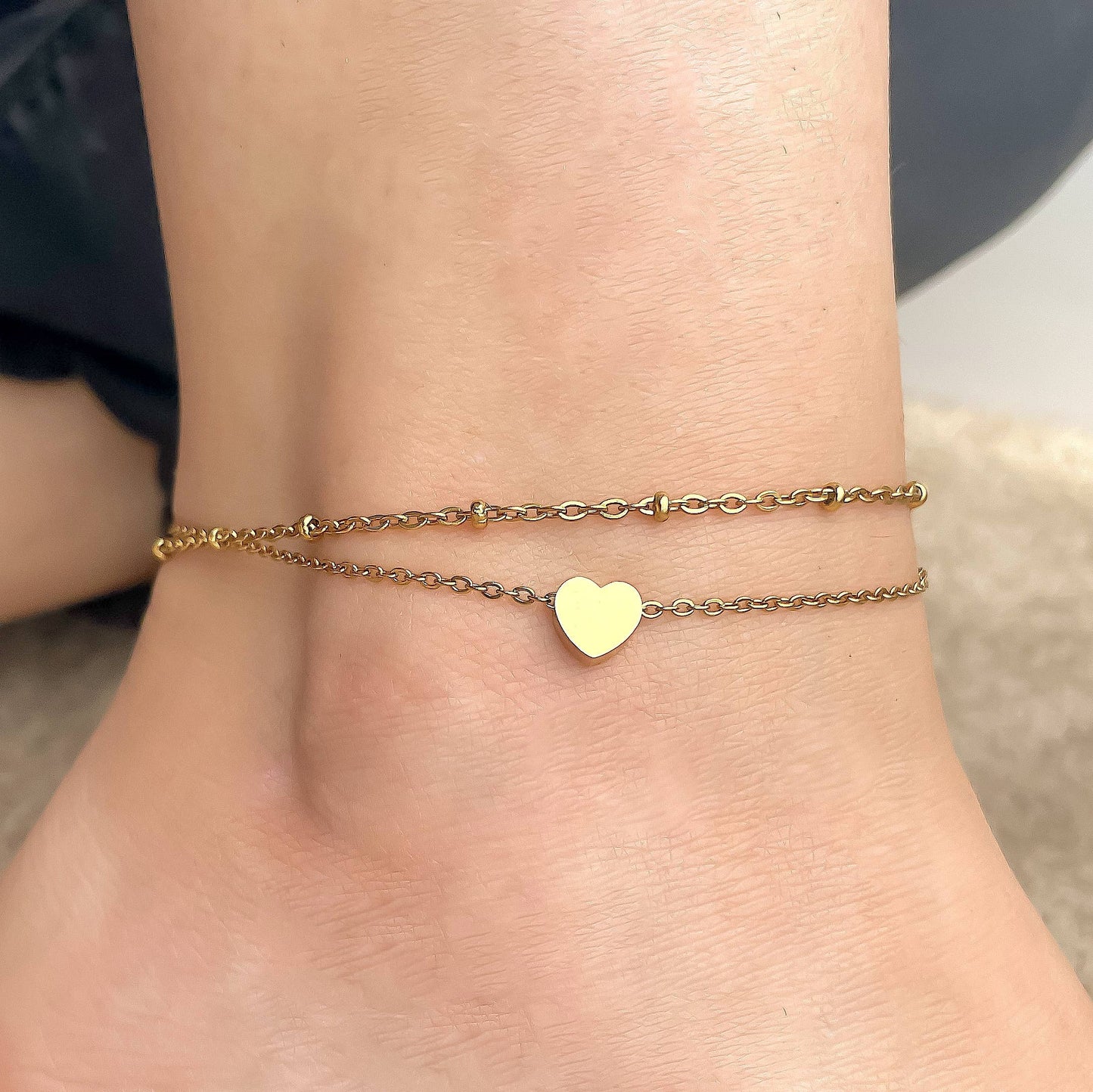 Lara Layered Heart Anklet - Double Chain Heart Charm Anklet: Yellow Gold / Stainless Steel (Waterproof)