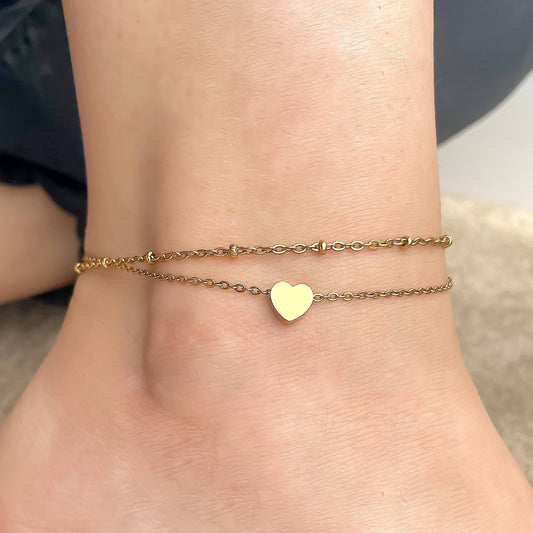 Lara Layered Heart Anklet - Double Chain Heart Charm Anklet: Yellow Gold / Stainless Steel (Waterproof)