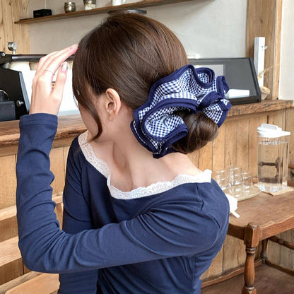 Oversized Double-Layer Gingham Scrunchie – Ponytail Accessor: Black