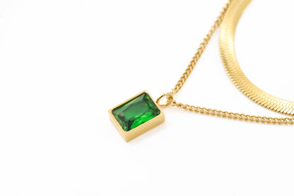 Layered Herringbone Necklace - Cushion Cut Emerald Necklace