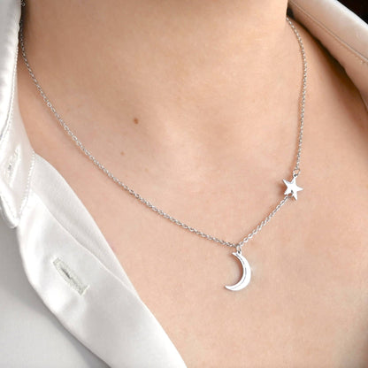 Eleanor Moon and Star Necklace- Waterproof Crescent Necklace : Silver