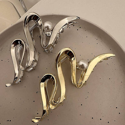 Large Hair Clip, Pearl, Hair Accessories, Metal, Thick Hair: Gold