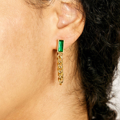 Chain Earrings with Emerald Green Cubic Zirconia.