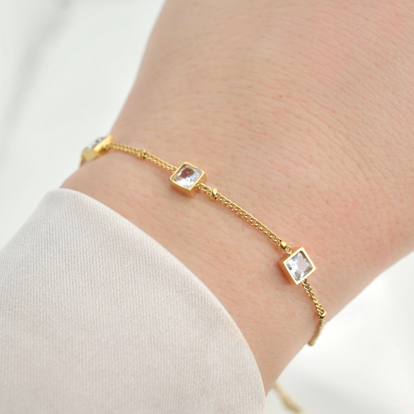 Ruffine Diamond Trio Bracelet - Gold Square CZ Satellite Bracelet: White/ Colorless