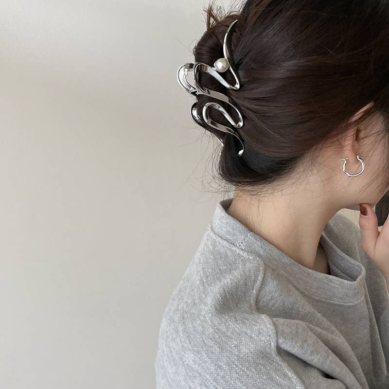 Large Hair Clip, Pearl, Hair Accessories, Metal, Thick Hair: Gold