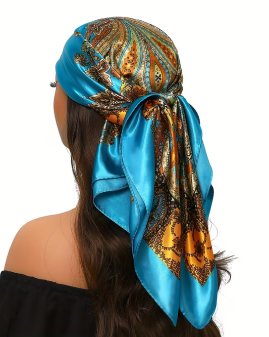 Turquoise Floral Satin Scarf 🌼