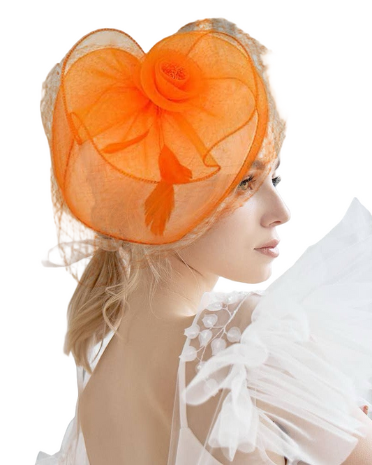 Orange Flower Feather Mesh Fascinator