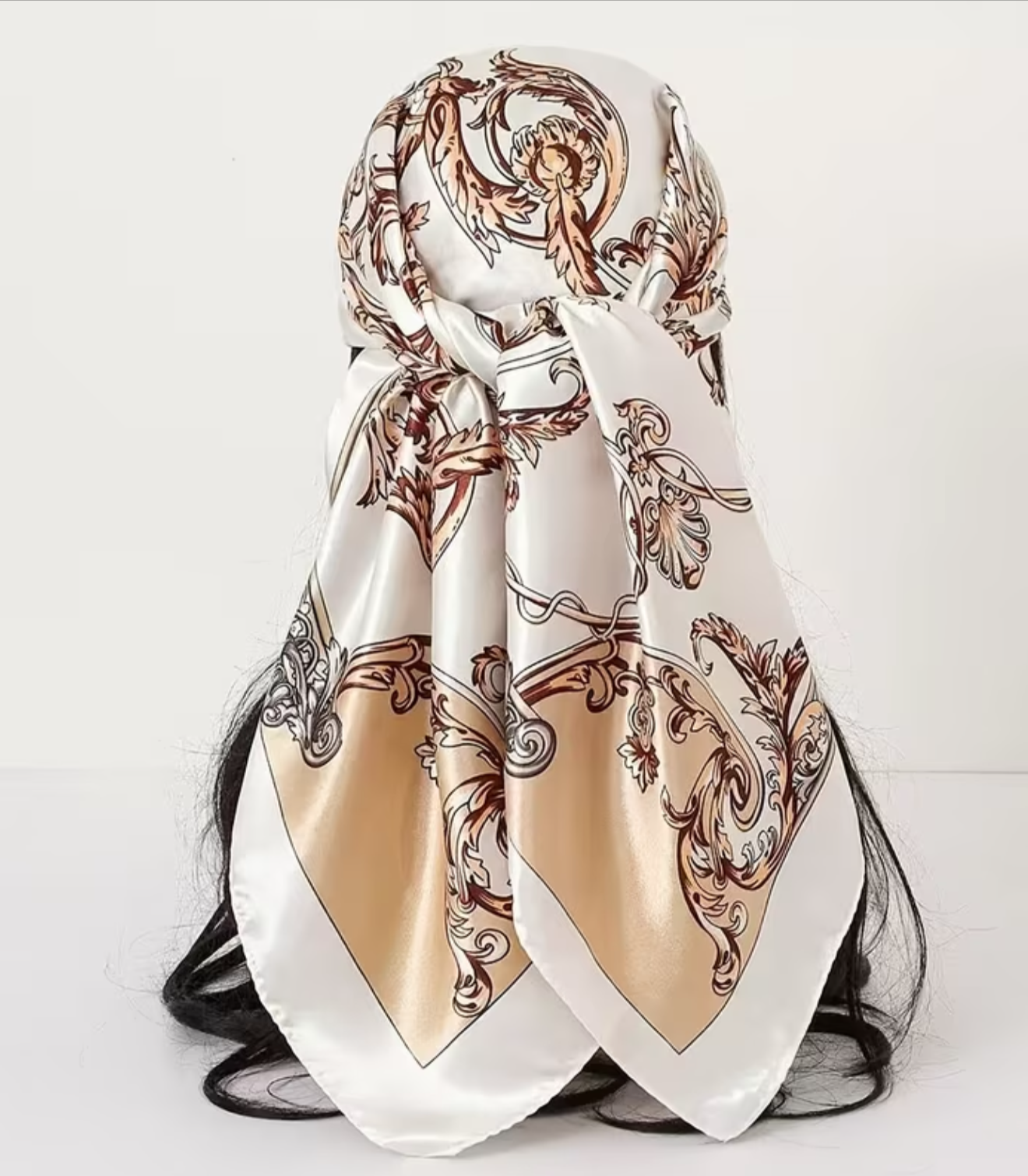 Ivory Taupe Baroque Print Satin Head Scarf 🤍