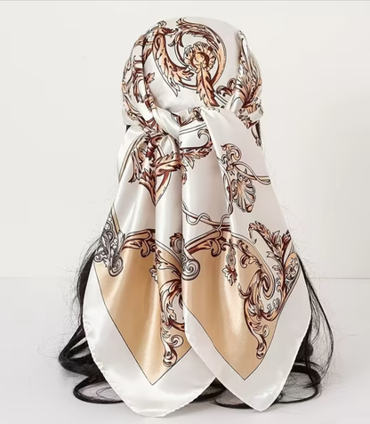 Ivory Taupe Baroque Print Satin Head Scarf 🤍