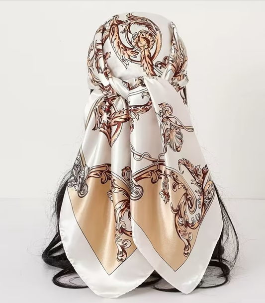 Ivory Taupe Baroque Print Satin Head Scarf 🤍