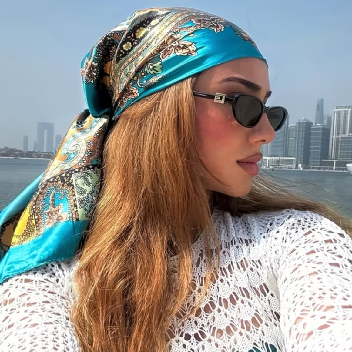 Turquoise Floral Satin Scarf 🌼