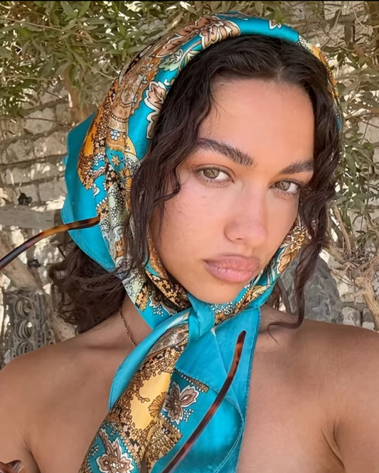 Turquoise Floral Satin Scarf 🌼