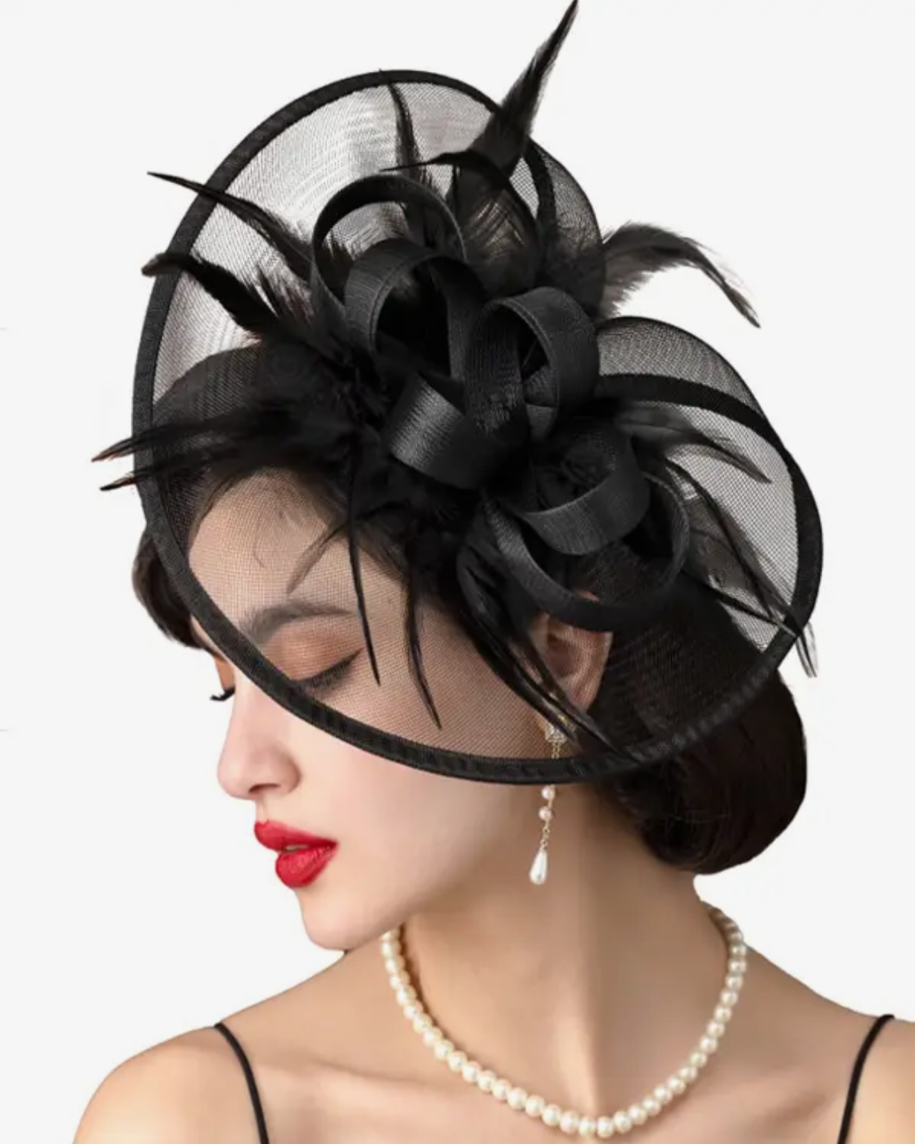 Black Mesh Feather Halo Fascinator