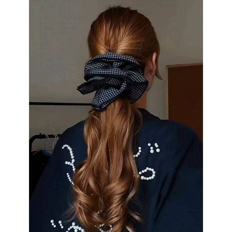 Oversized Double-Layer Gingham Scrunchie – Ponytail Accessor: Blue