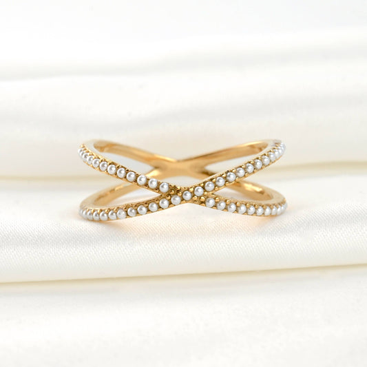 Sasha Pave Pearl Criss Cross Ring - Waterproof Gold X Pearl Ring : 8