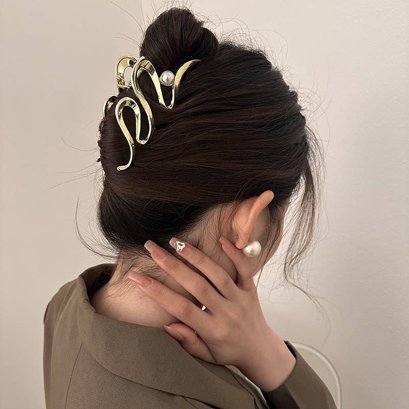 Large Hair Clip, Pearl, Hair Accessories, Metal, Thick Hair: Gold