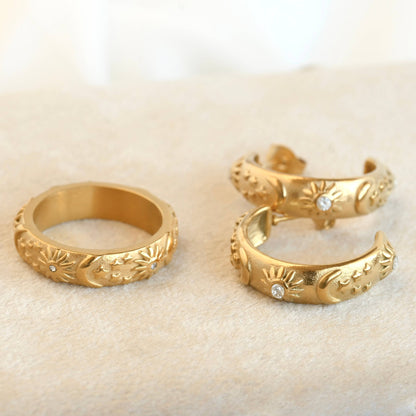 Odessa Sun, Moon, Stars Cuff Bracelet - Embossed Celestial Bracelet: Cuff Bracelet / One Size